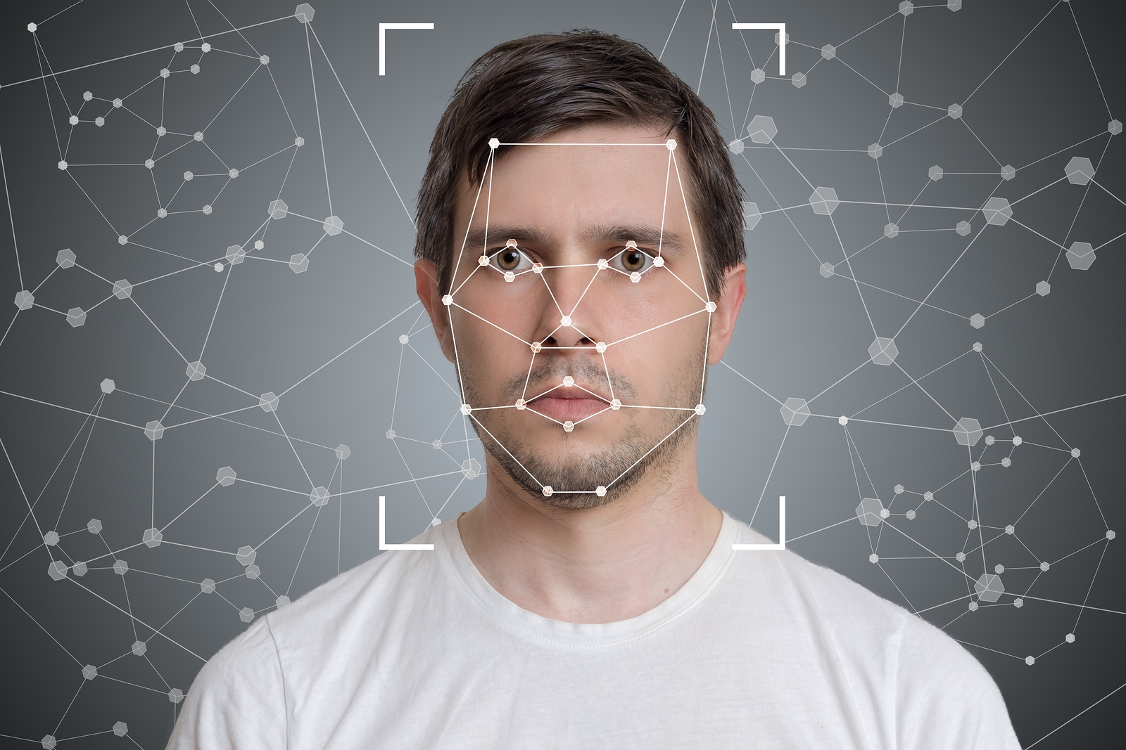 Face detection and recognition of man. Computer vision and artificial intelligence concept.