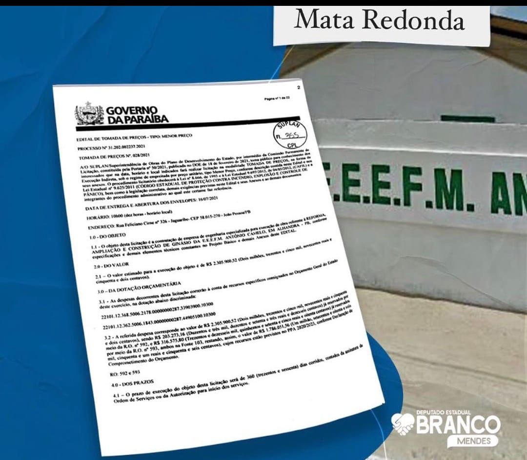 Branco Mendes anuncia licitação para ampliação e construção de ginásio no Distrito de Mata Redonda