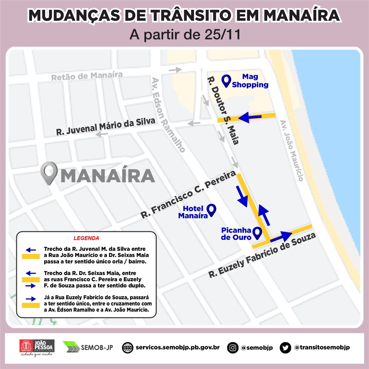 Semob-JP desativa semáforo e altera circulação em trechos de ruas de Manaíra a partir desta quinta-feira