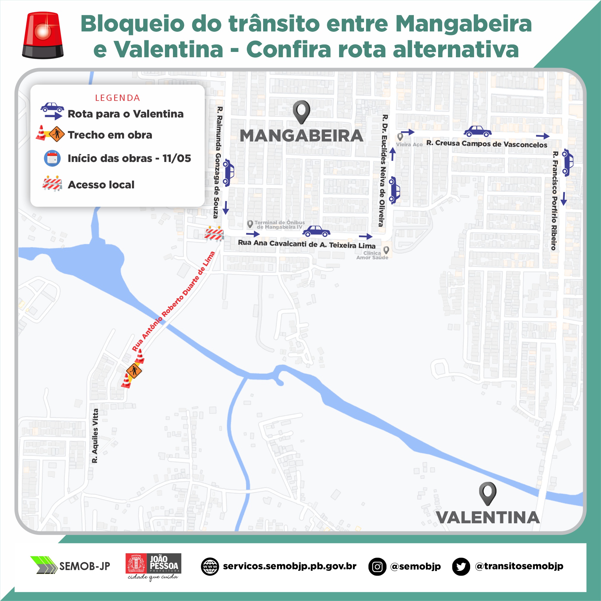 Semob-JP interdita via entre Mangabeira e Valentina para serviço de drenagem, pavimentação e asfalto a partir desta quarta-feira