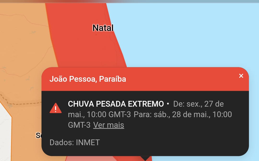 INMET emite alerta de chuvas intensas para as próximas horas em João Pessoa podendo chegar a 100mm, com ventos fortes e quedas de raios