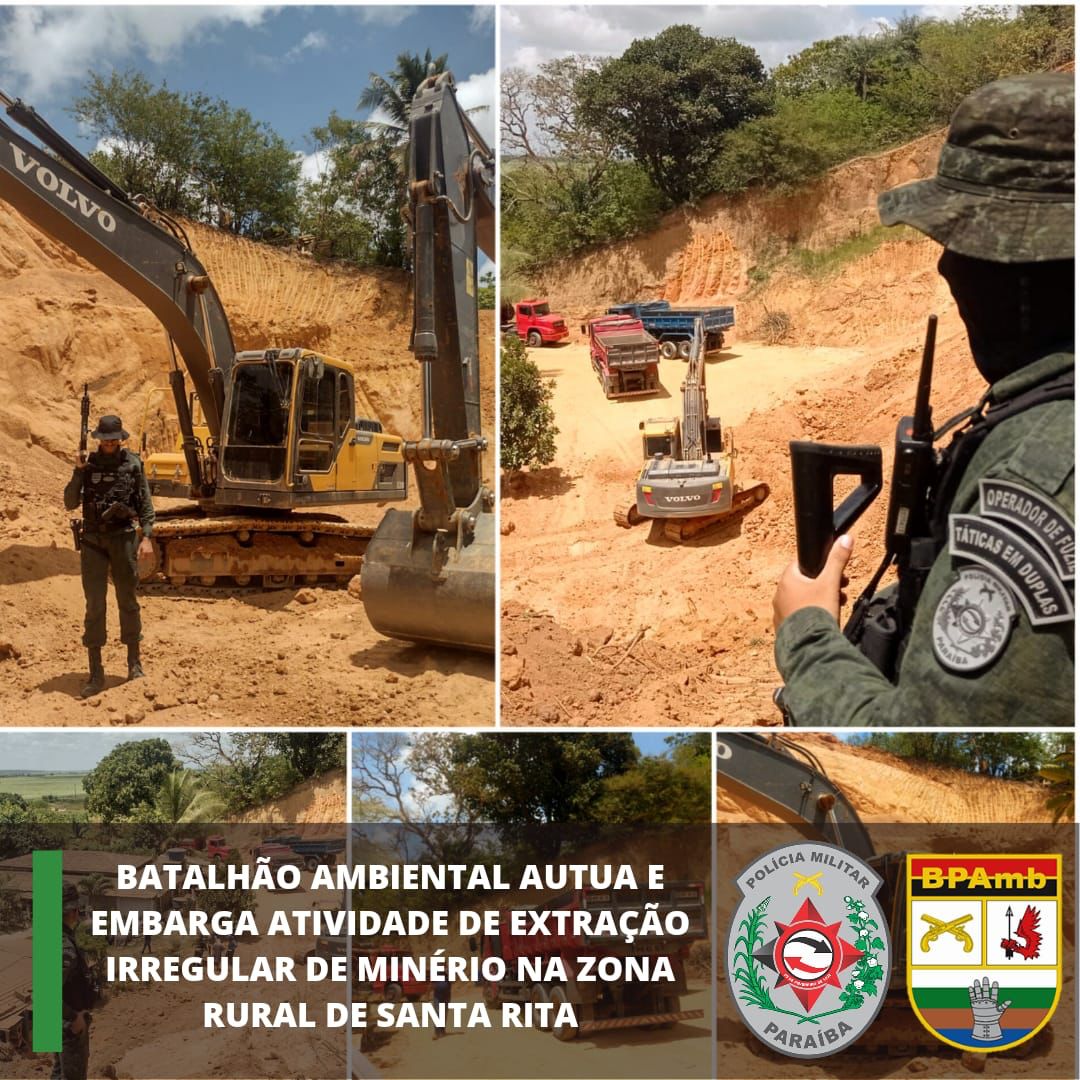 Batalhão Ambiental da Polícia Militar da Paraíba autua e embarga atividade de extração irregular de minério na zona rural de Santa Rita