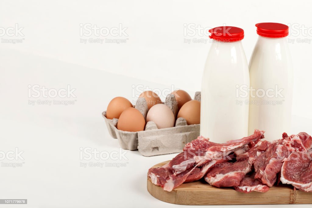 meat eggs milk and fish food concept