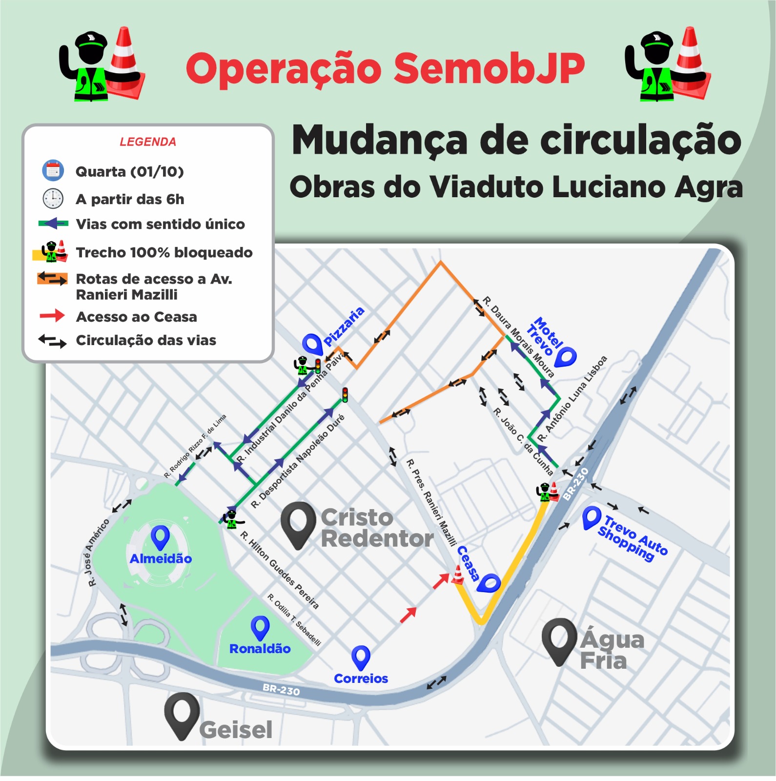A partir desta quarta-feira: Semob-JP alerta para bloqueio do trânsito na lateral da Empasa e indica desvios para condutores