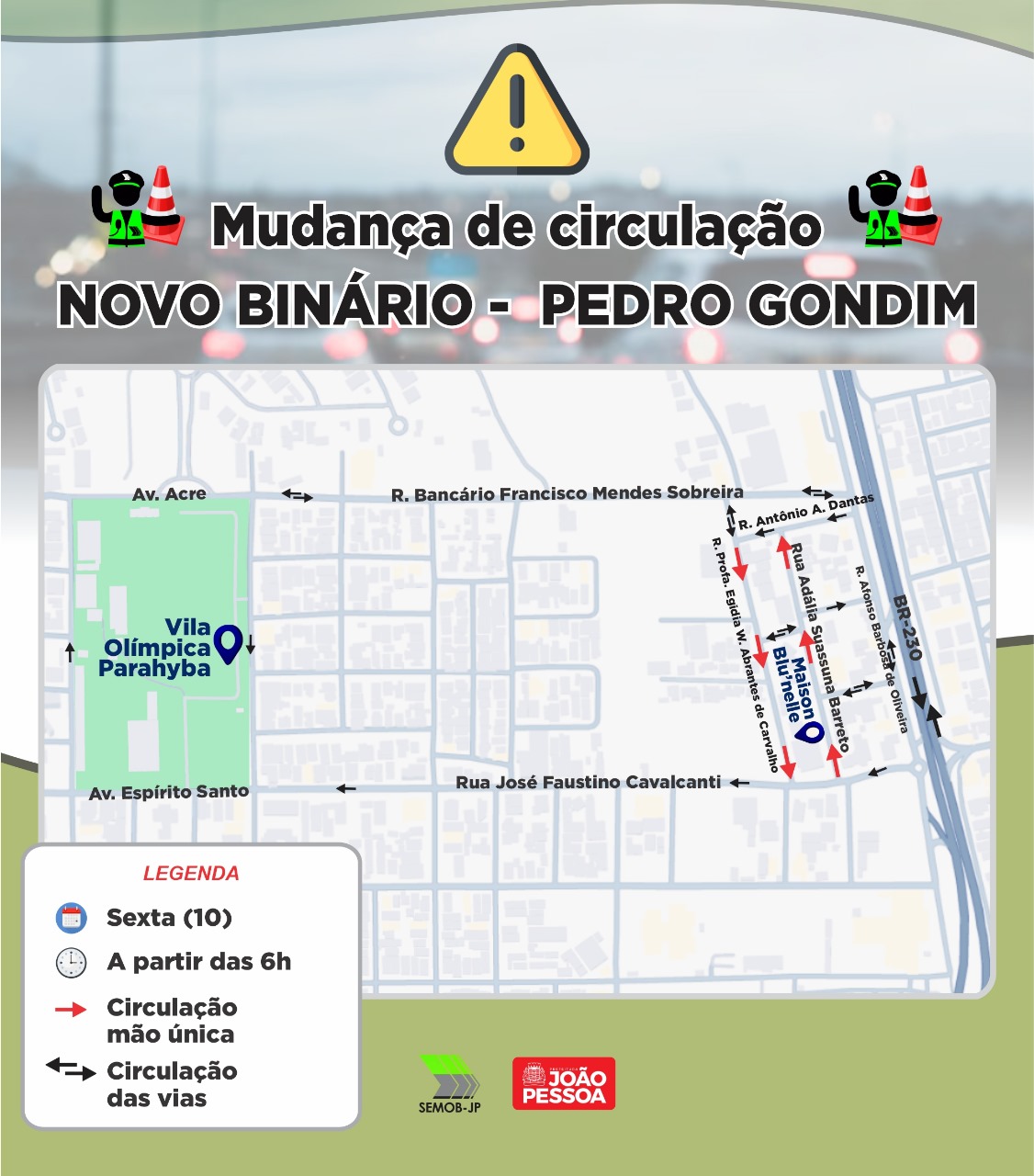 Semob-JP implanta mudança de circulação no bairro Pedro Gondim em João Pessoa a partir desta sexta-feira